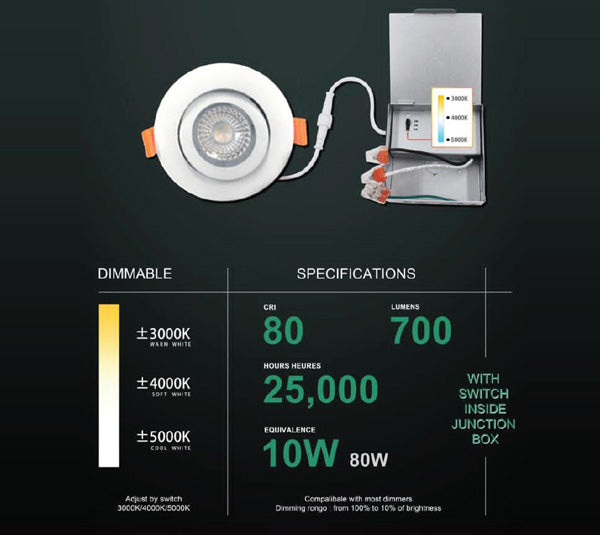 4" Slim Gimbal Downlight 3CCT Light - Change & Dim by Switch