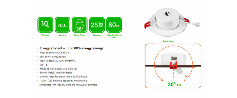 4" Slim Gimbal Downlight 3CCT Light - Change & Dim by Wall Switch