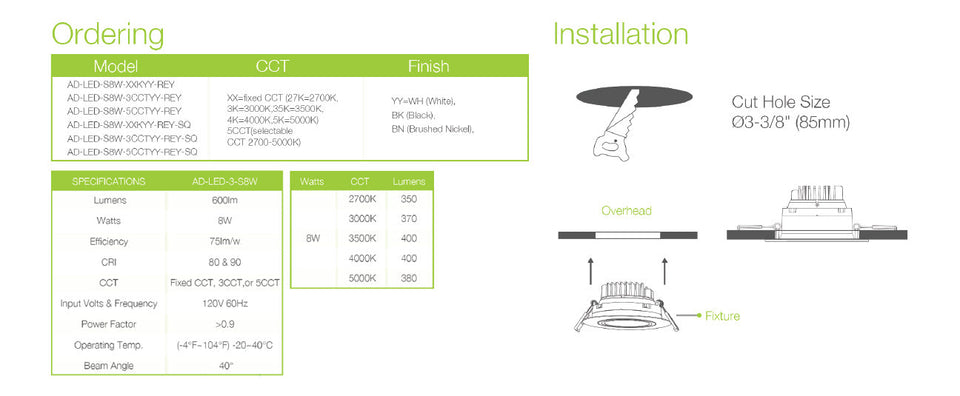 3" LED REGRESSED GIMBAL - 8W - 5CCT