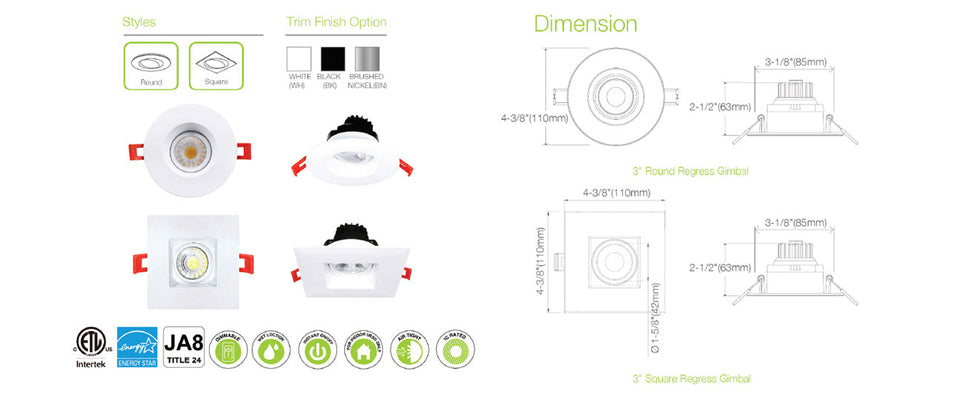 3" LED REGRESSED GIMBAL - 8W - 5CCT